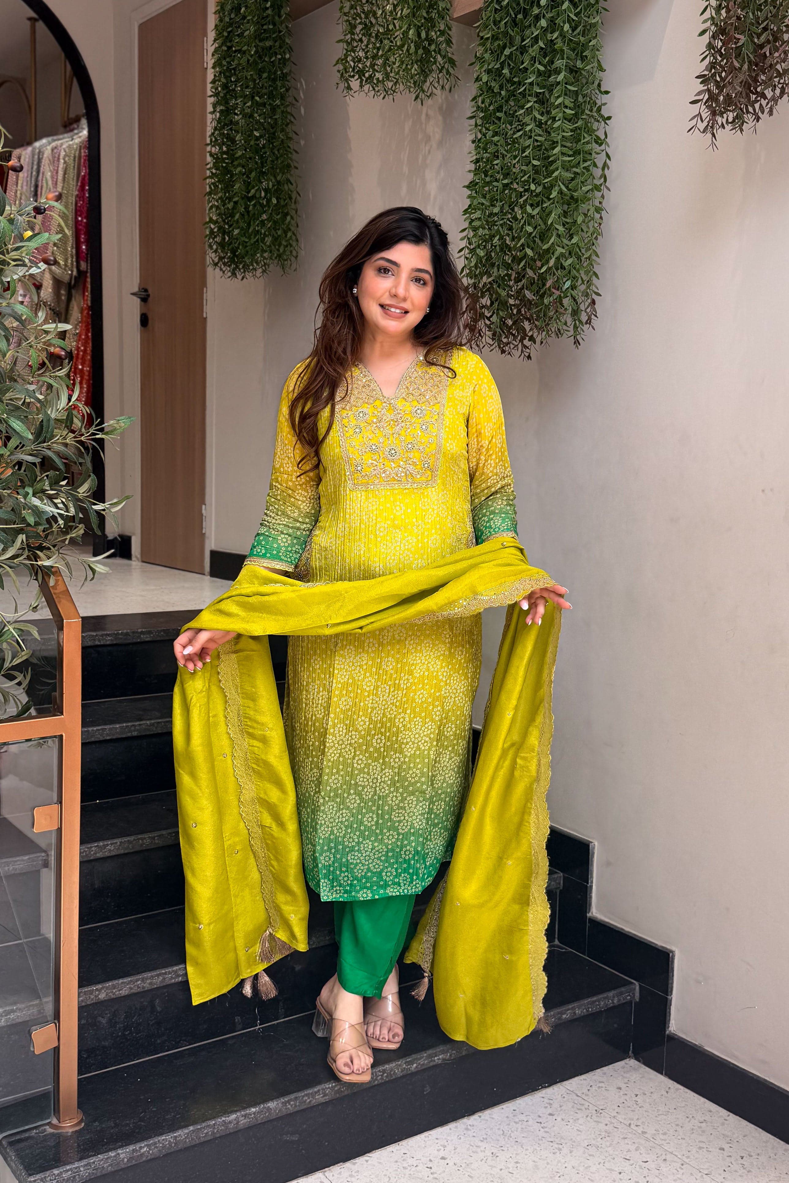 Lime Green Bandhani Print Premium Silk Suit Set