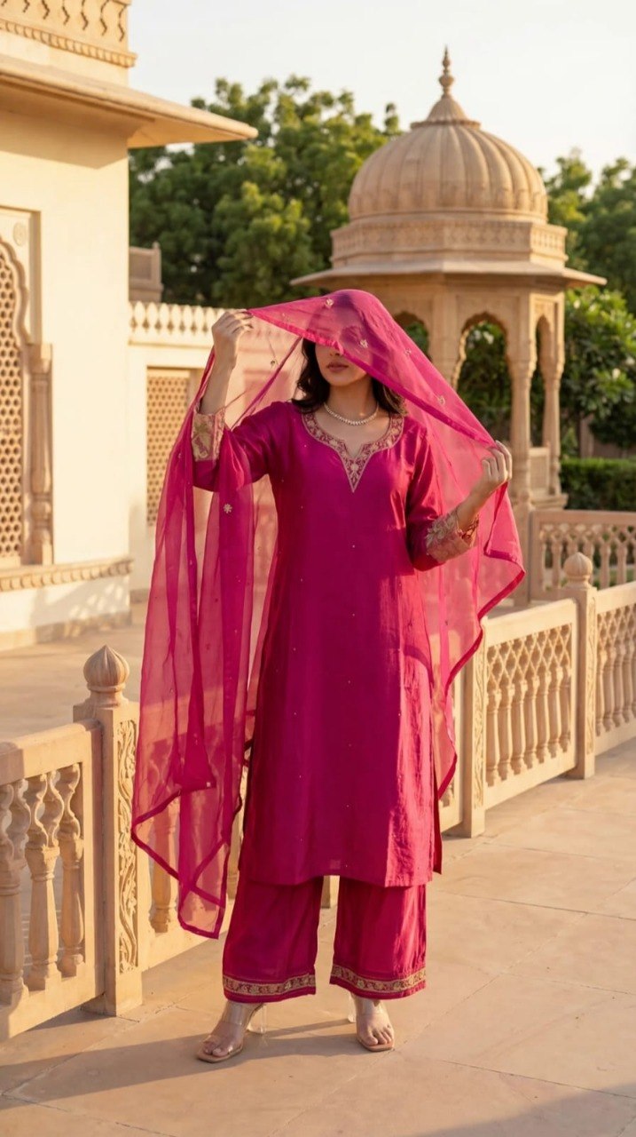 Fuchsia Pink Silk Blend Ethnic Motifs Embroidered Festive Suit Set (Set of 3)