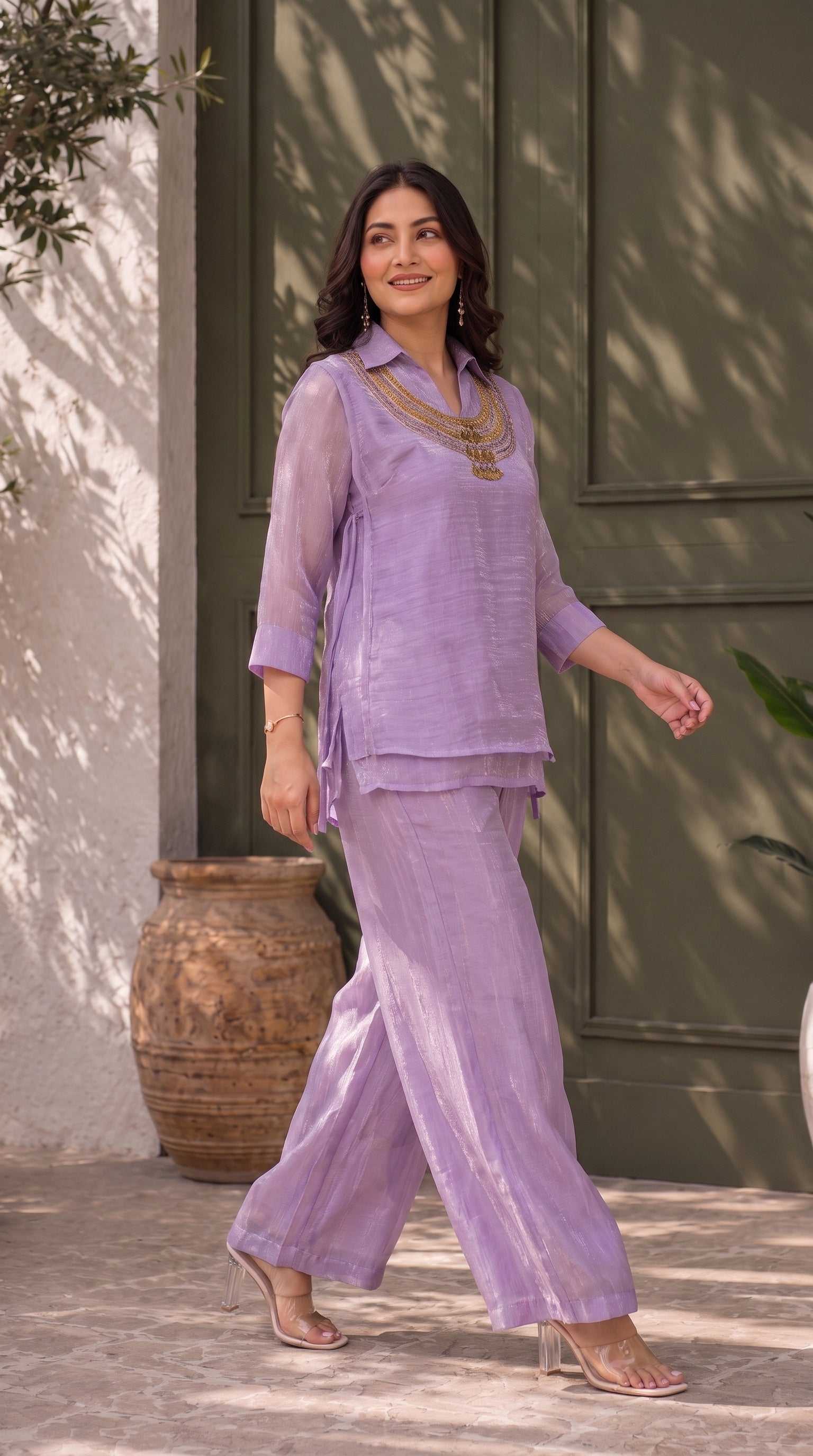 Purple Crunchy Silk Top and Palazzo Set with Handwork Neckline