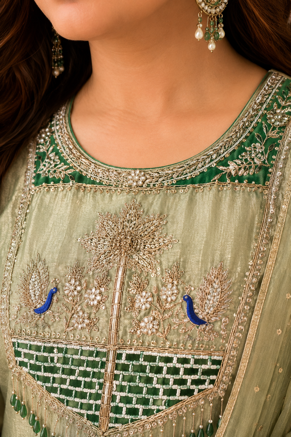 Pastel Sage Green Embroidered Salsa Anarkali Kurta Set with Organza Dupatta