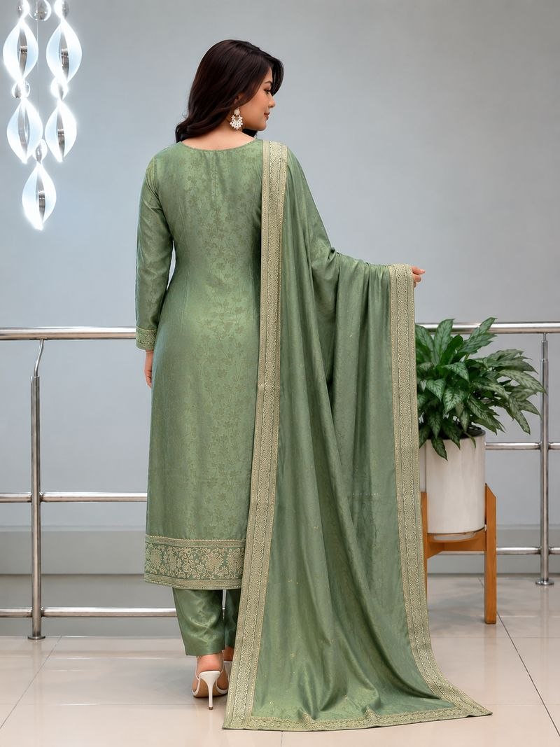 Elegant Sage Green Embroidered Kurta Set with Organza Dupatta for Women