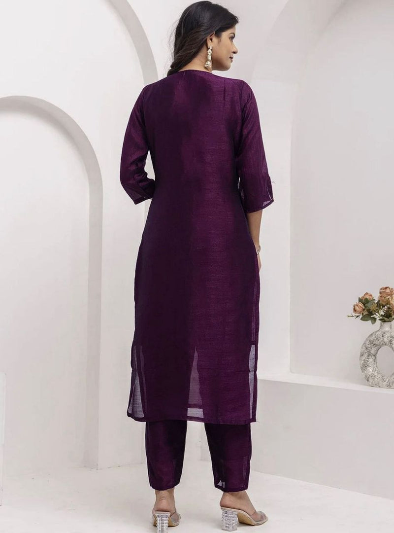Deep Purple Embroidered Straight Kurta Set with Dupatta