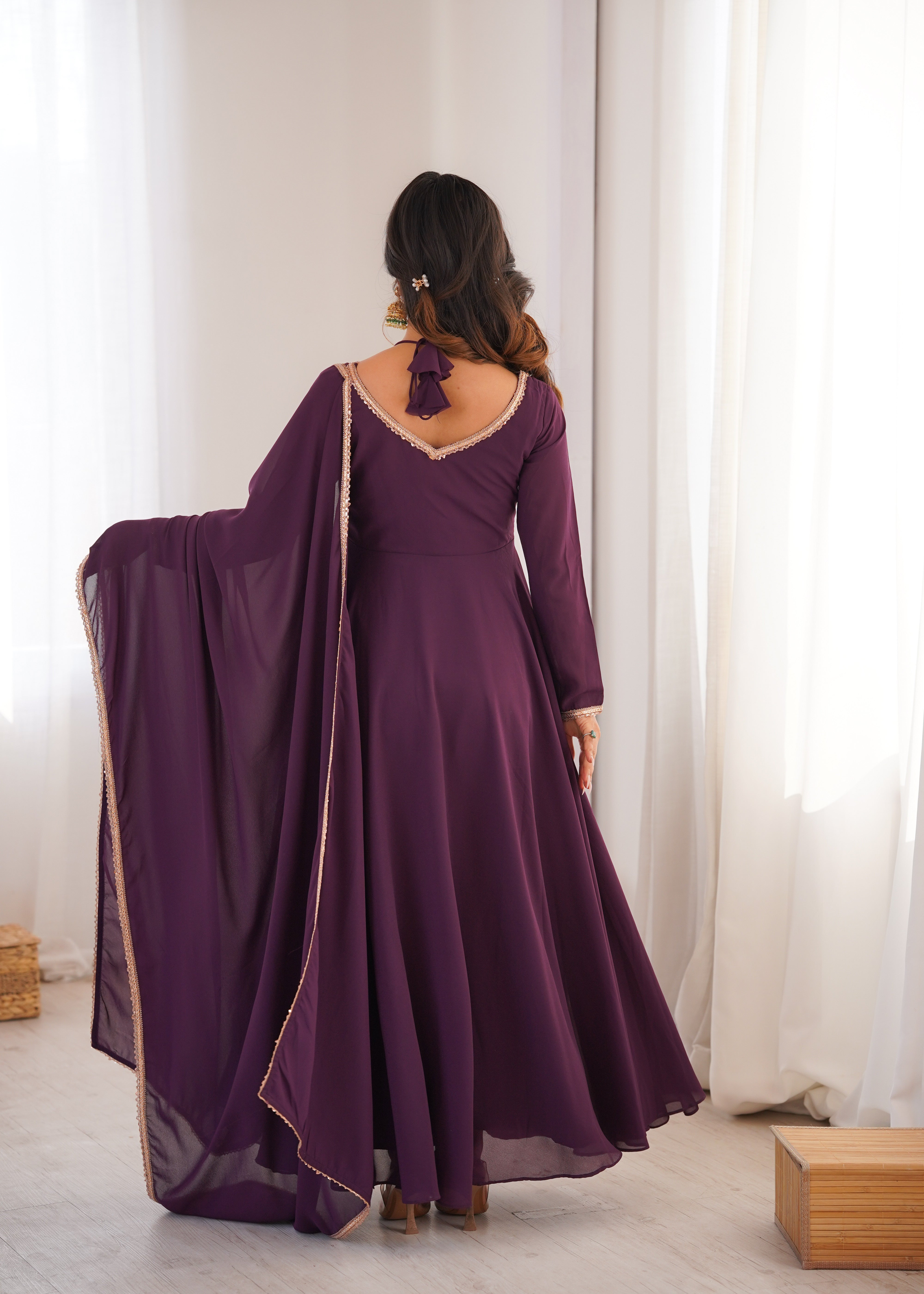 Wine Pure Fox Blooming Georgette Anarkali Dress With Dupatta