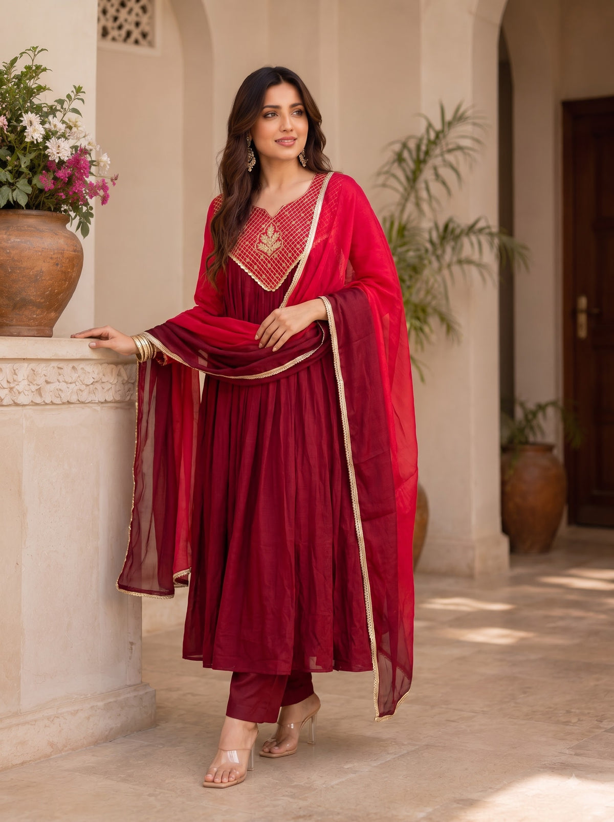 Women's Crimson Red Pleated Anarkali Kurta with Trousers and Lace Border Dupatta (Set of 3)