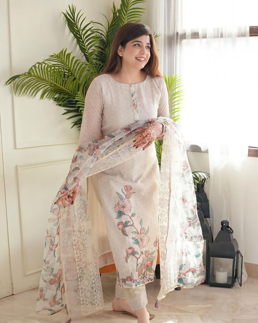 Elegant Beige Floral Linen Cotton Kurti Pant & Dupatta Set