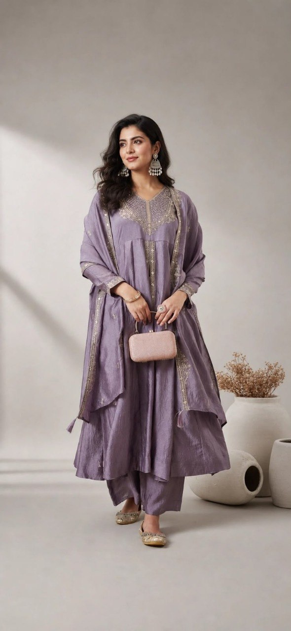 Lavender Embroidered Anarkali Kurta Palazzo Set with Dupatta