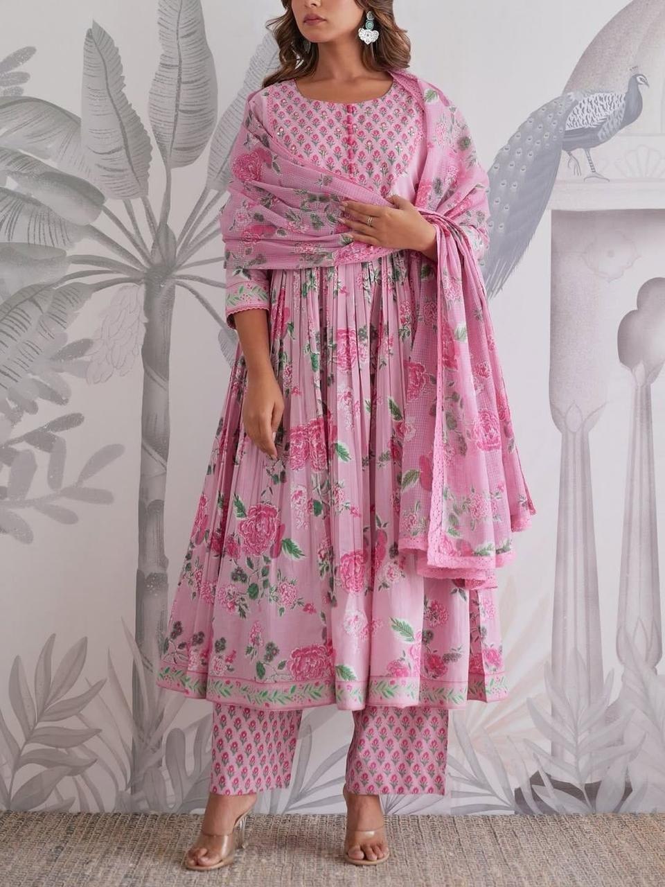 Premium Pink Floral Jaipuri Cotton 6060 Flared Anarkali Suit Set with Pant & Dupatta