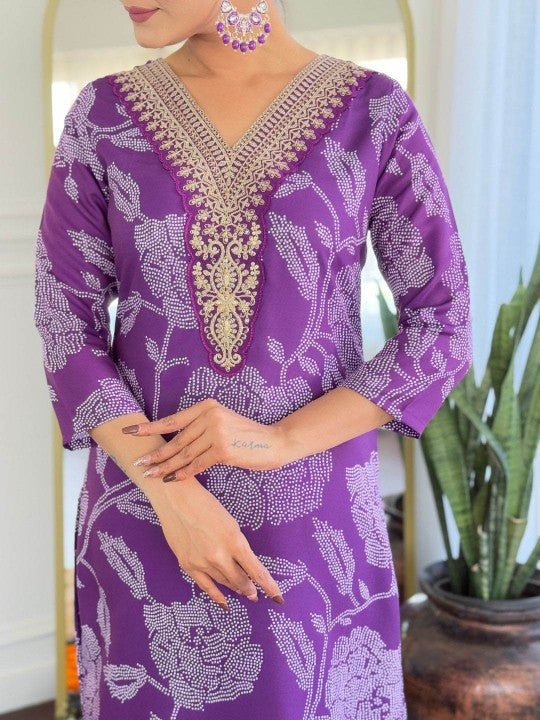 Purple Rayon Kurta Set with Chanderi Dupatta