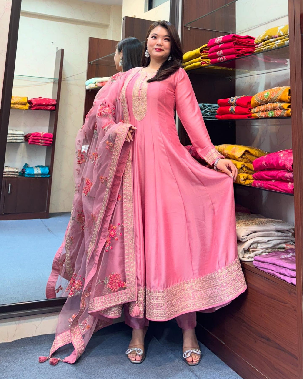 Pink Embroidered Anarkali Suit Set with Floral Net Dupatta