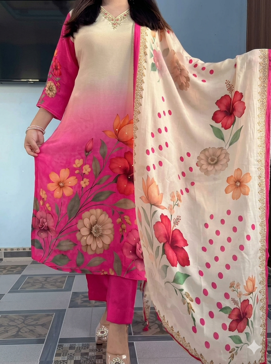 Pink Ombre Floral Print Ethnic Kurta Pant Dupatta Set