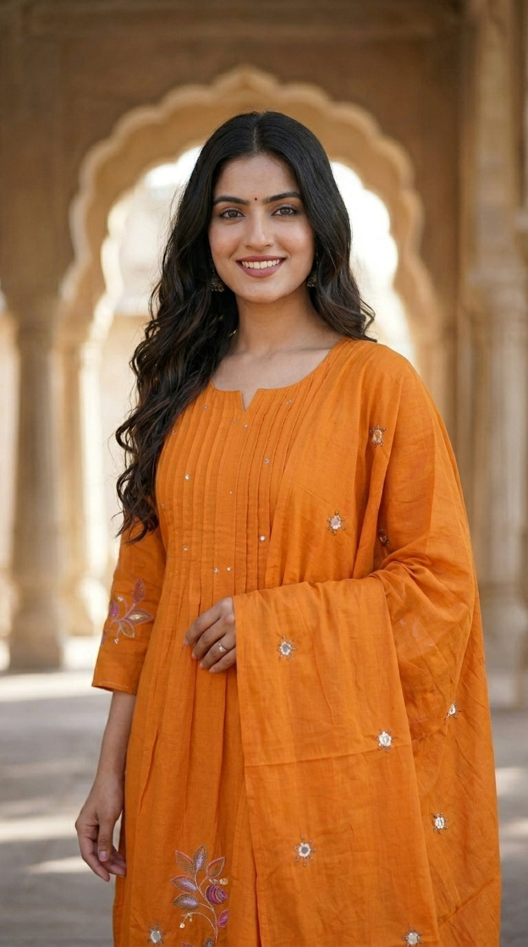 Elegant Rust Orange Cotton Embroidered Kurta Pant Set With Dupatta