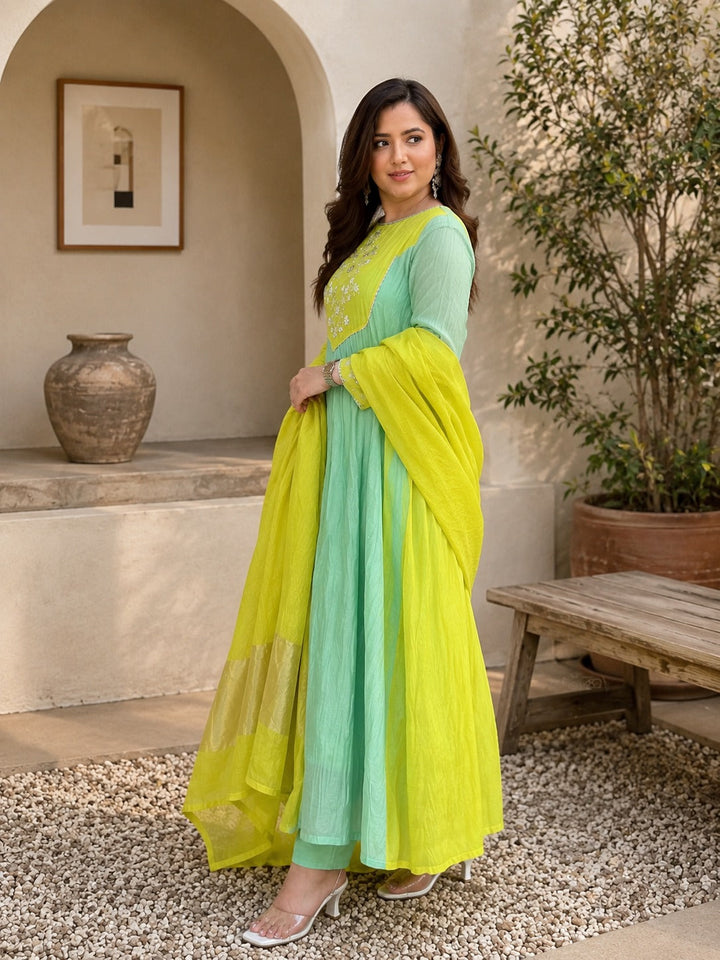 Elegant Mint Green & Lime Yellow Embroidered Anarkali Suit Set