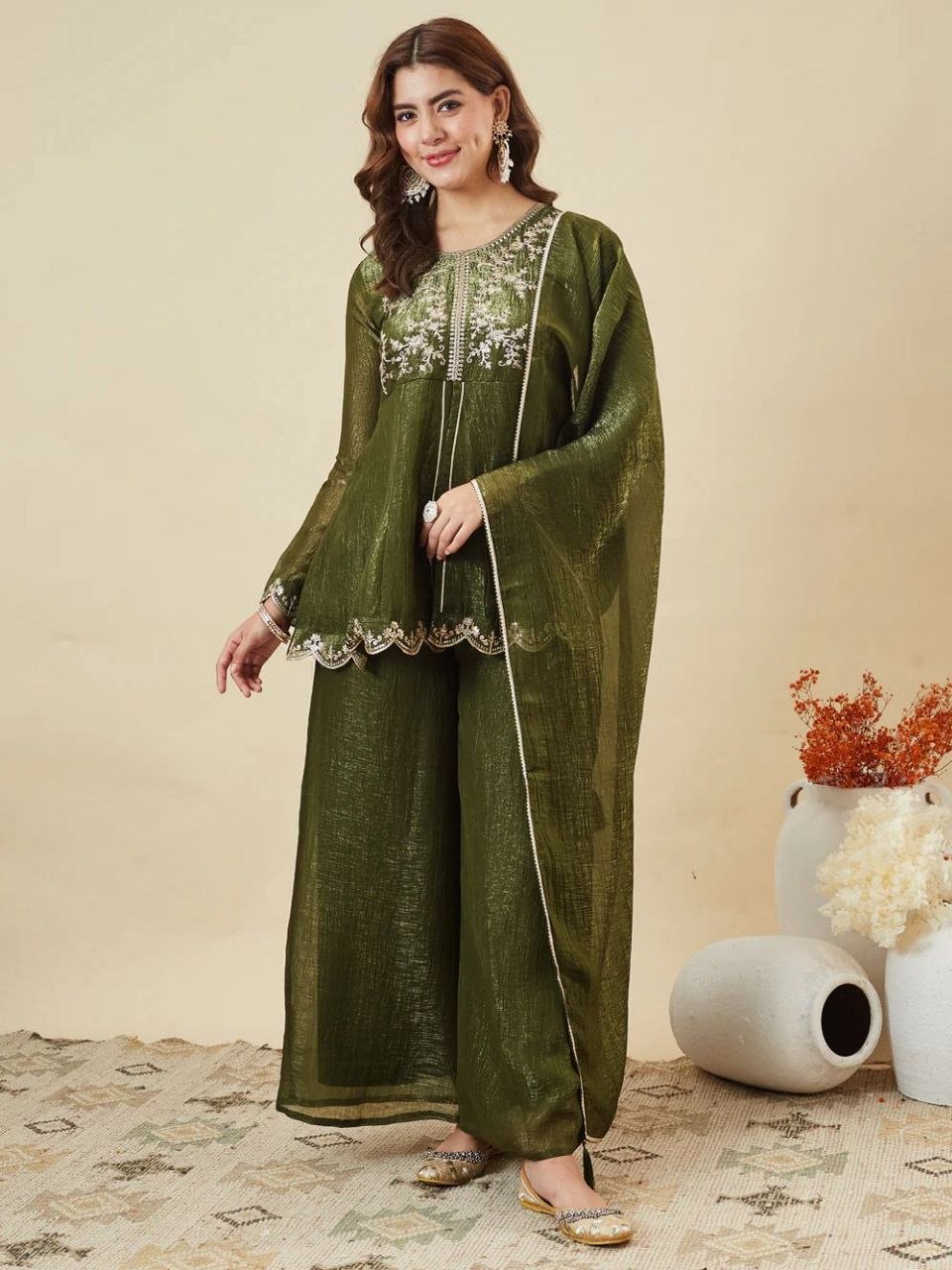 Olive Green Embroidered Kurta Palazzo Set with Dupatta