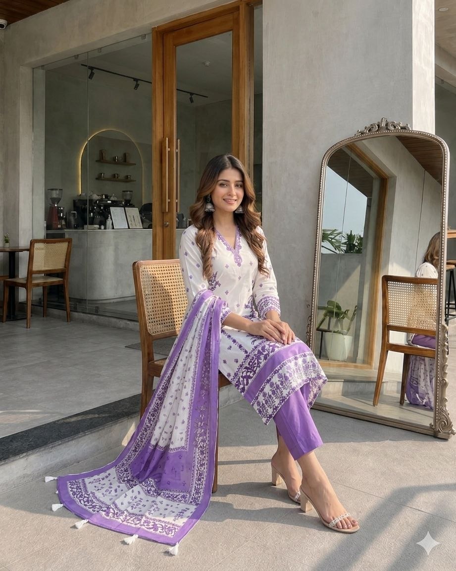 Purple And Off White Cotton Straight Beads And Stones Kurta Dupatta Set