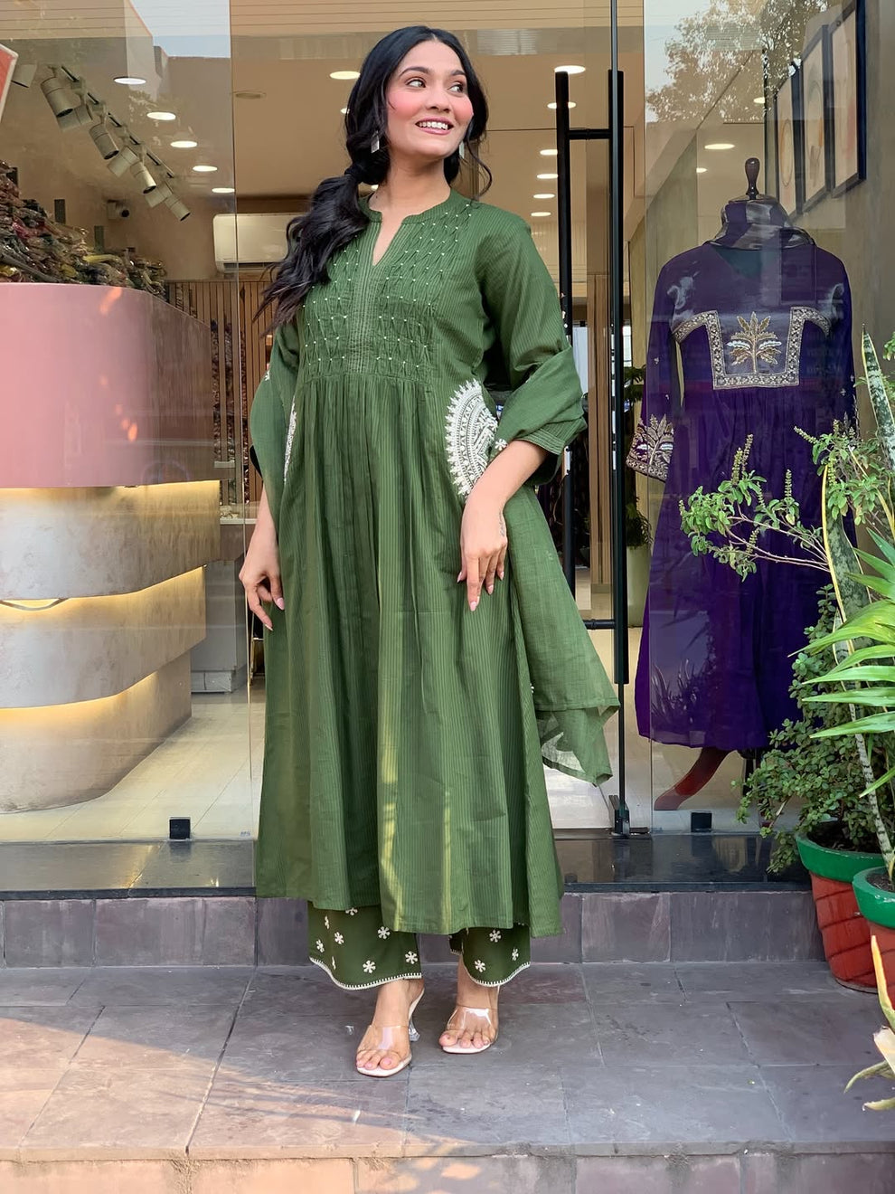 Olive Green Cotton Blend Embroidered Kurta With Pant & Dupatta Set