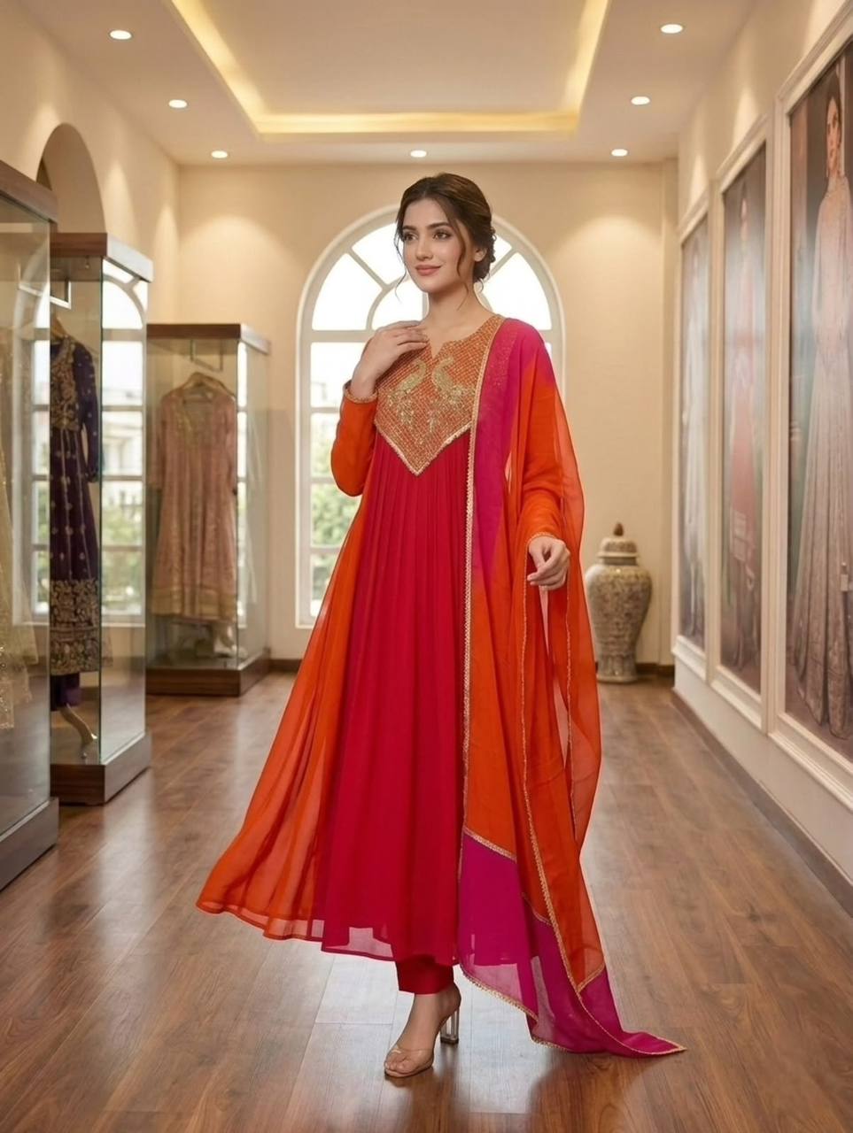 Orange & Pink Embroidered Anarkali Suit Set for Women