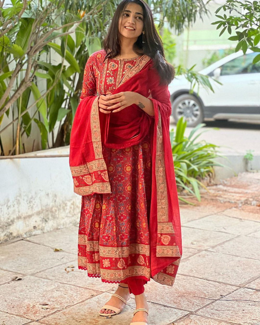 Red Anarkali Pure Cotton Kurta set