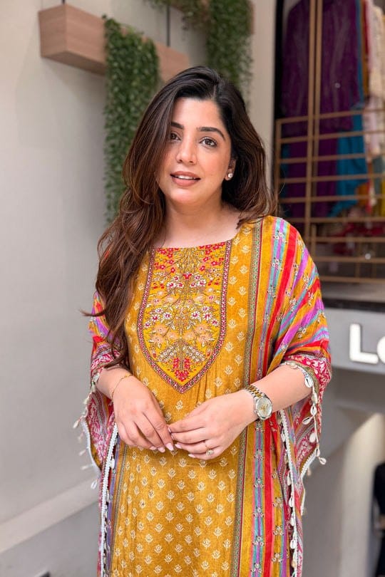 Yellow Mustard Printed Kaftan  Kurti Set with Beads Work & Pants