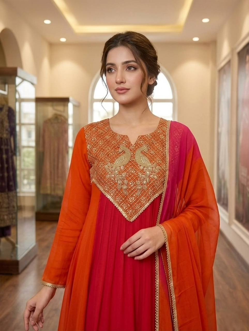 Orange & Pink Embroidered Anarkali Suit Set for Women