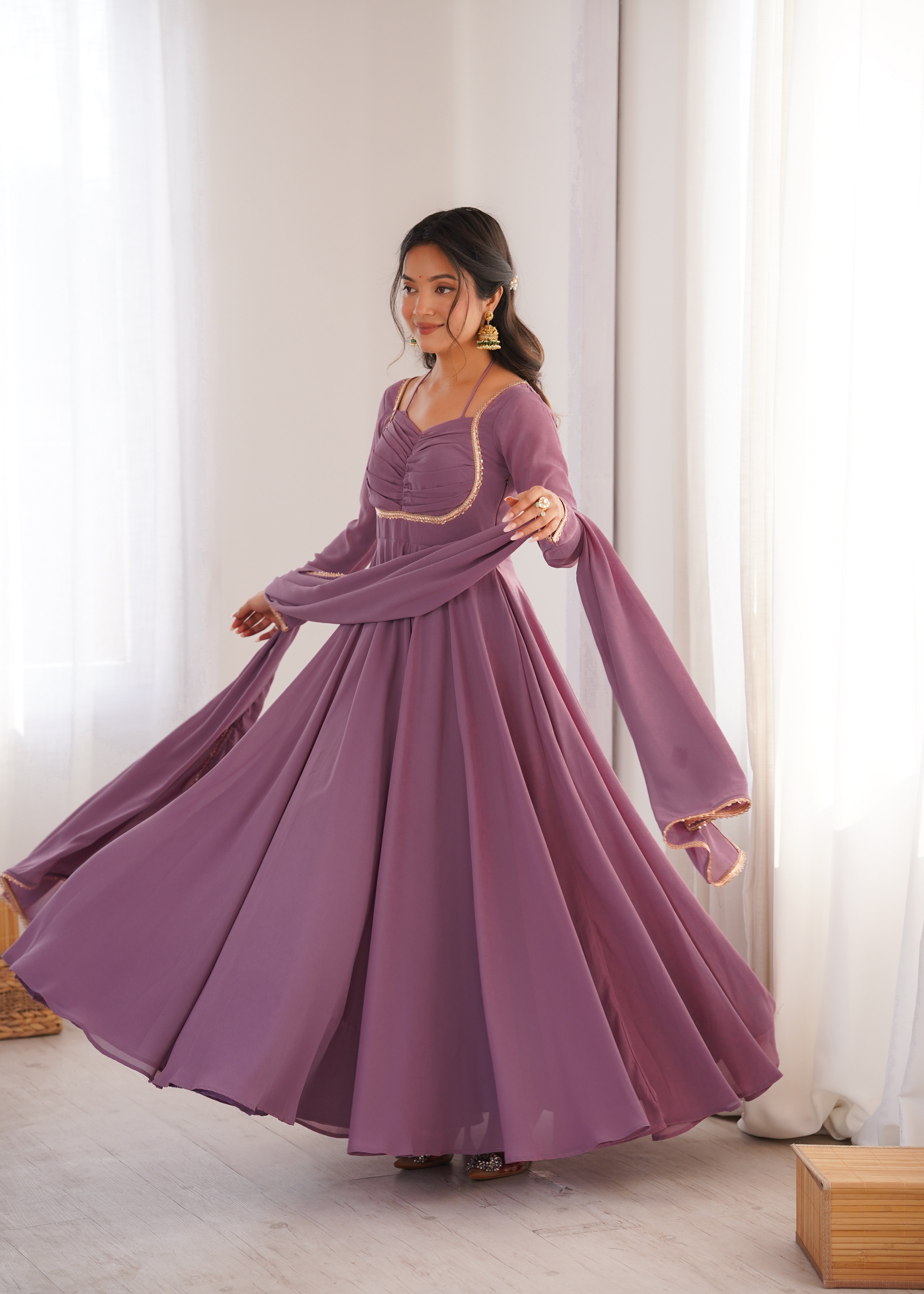 Mauve Pink Fox Georgette Umbrella Flair Fancy Neck Gown With Dupatta