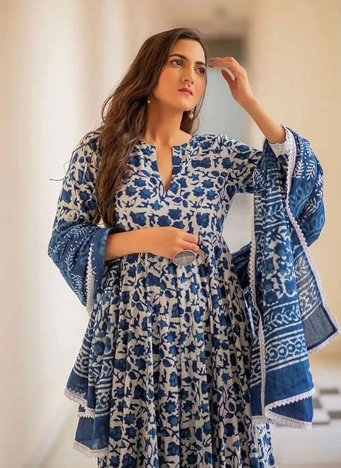 Blue Cotton Printed Kurti With Pant & Dupatta Set