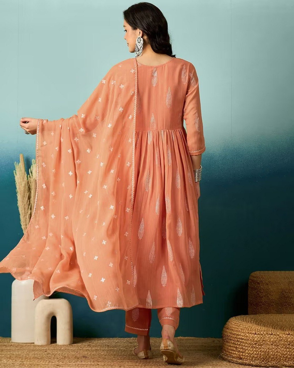 Pastel Peach Embroidered Flared Anarkali Kurta Set
