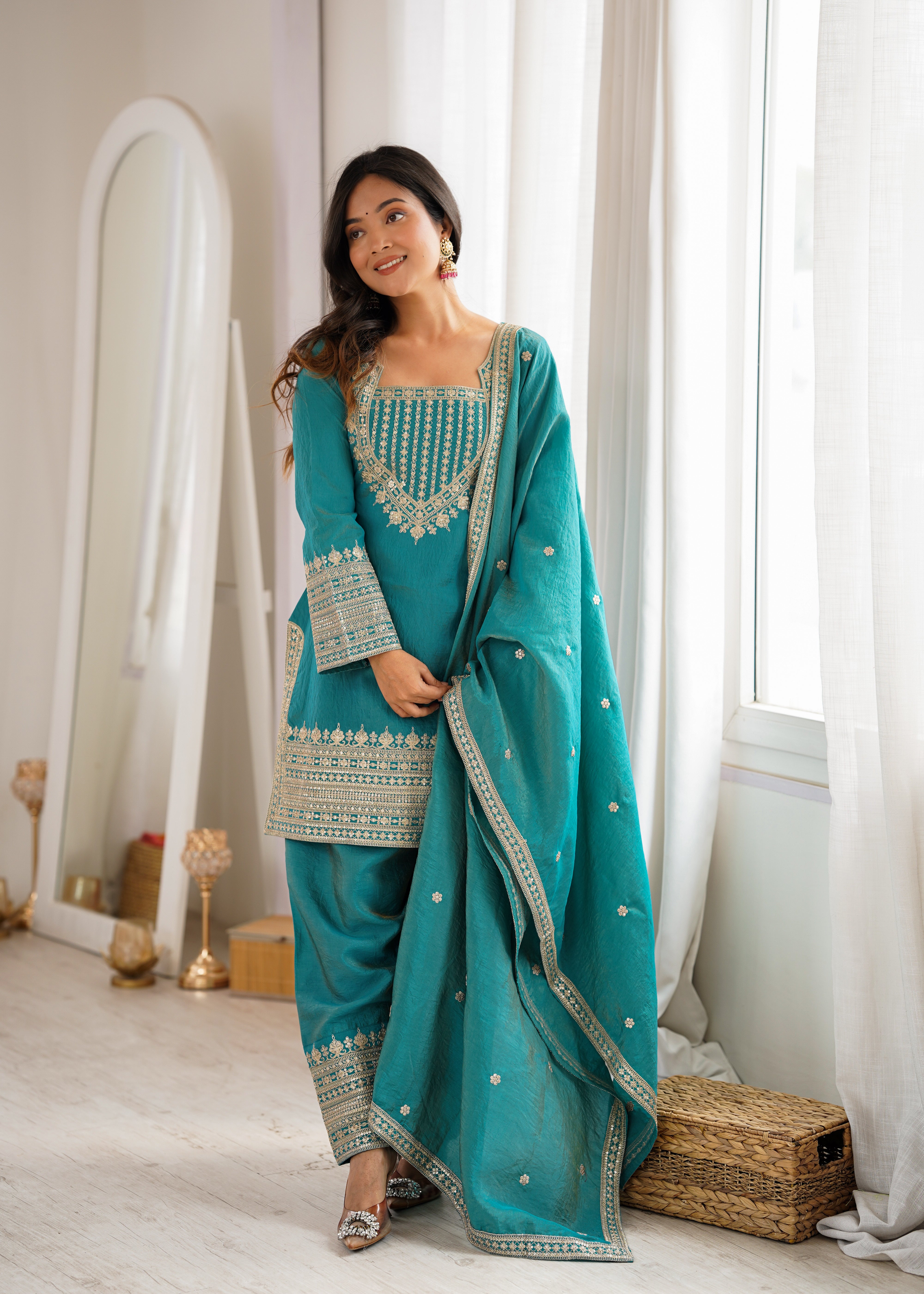 Sea Green Color NC Vichitra Silk Farshi Salwar Suit