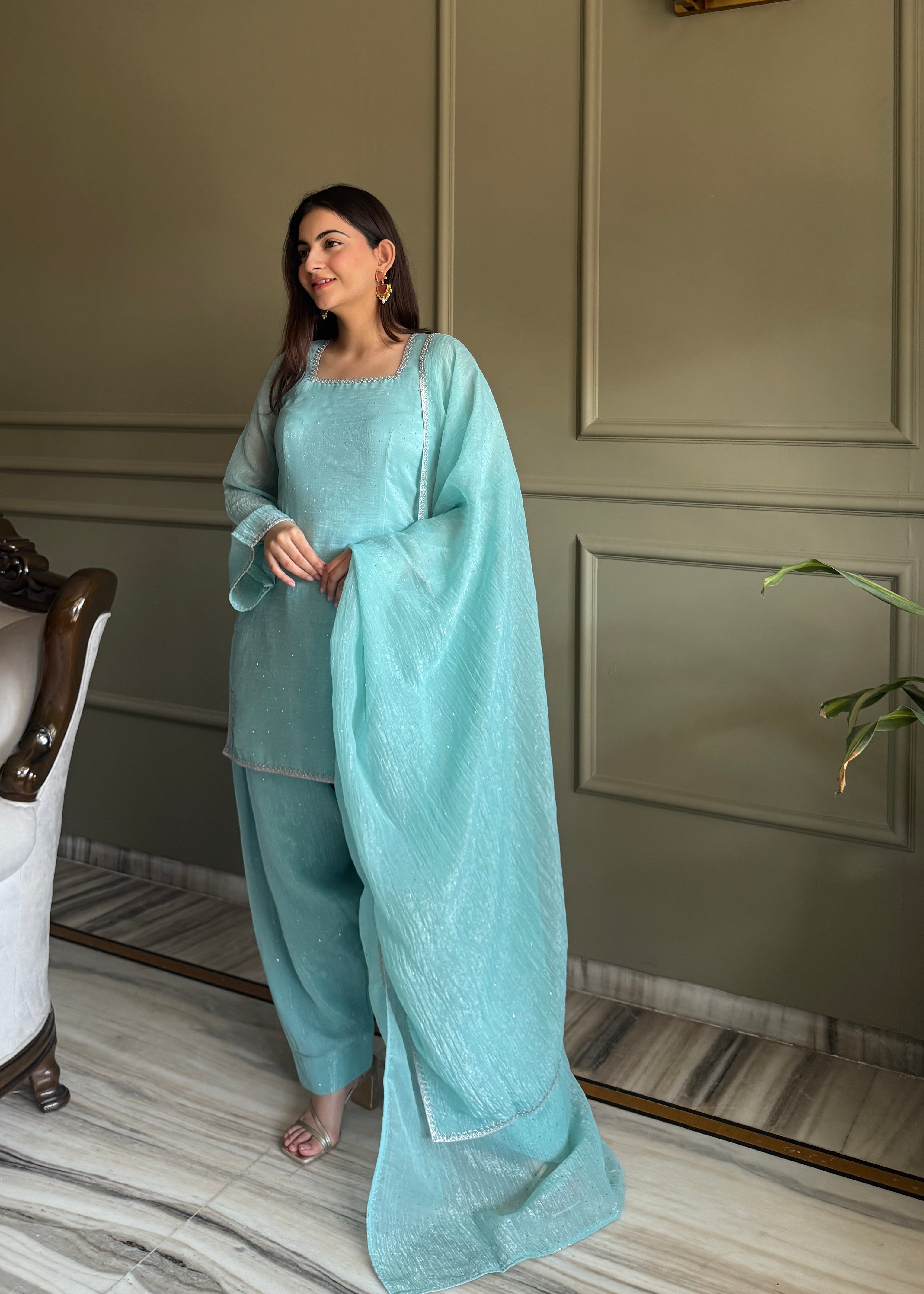 Aaisha Cruchy Silk Diamond Siroski Work Farsi Salwar Suit Set