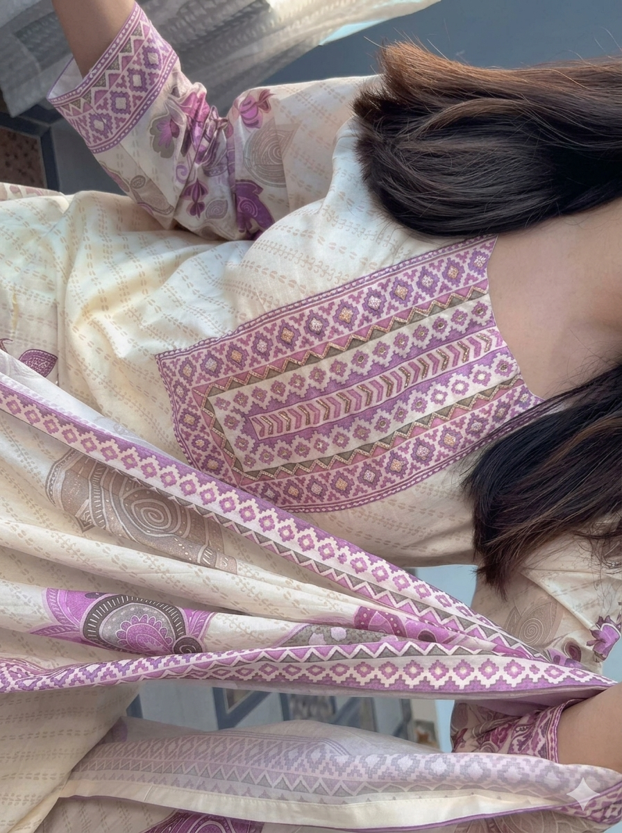 Traditional Hand-Block Print Ethnic Suit Set - Off-White & Pink