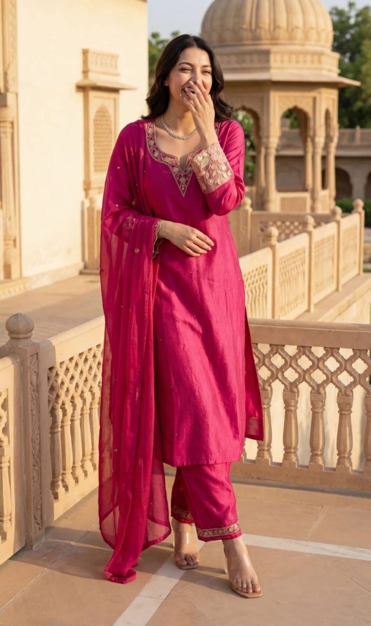 Fuchsia Pink Silk Blend Ethnic Motifs Embroidered Festive Suit Set (Set of 3)