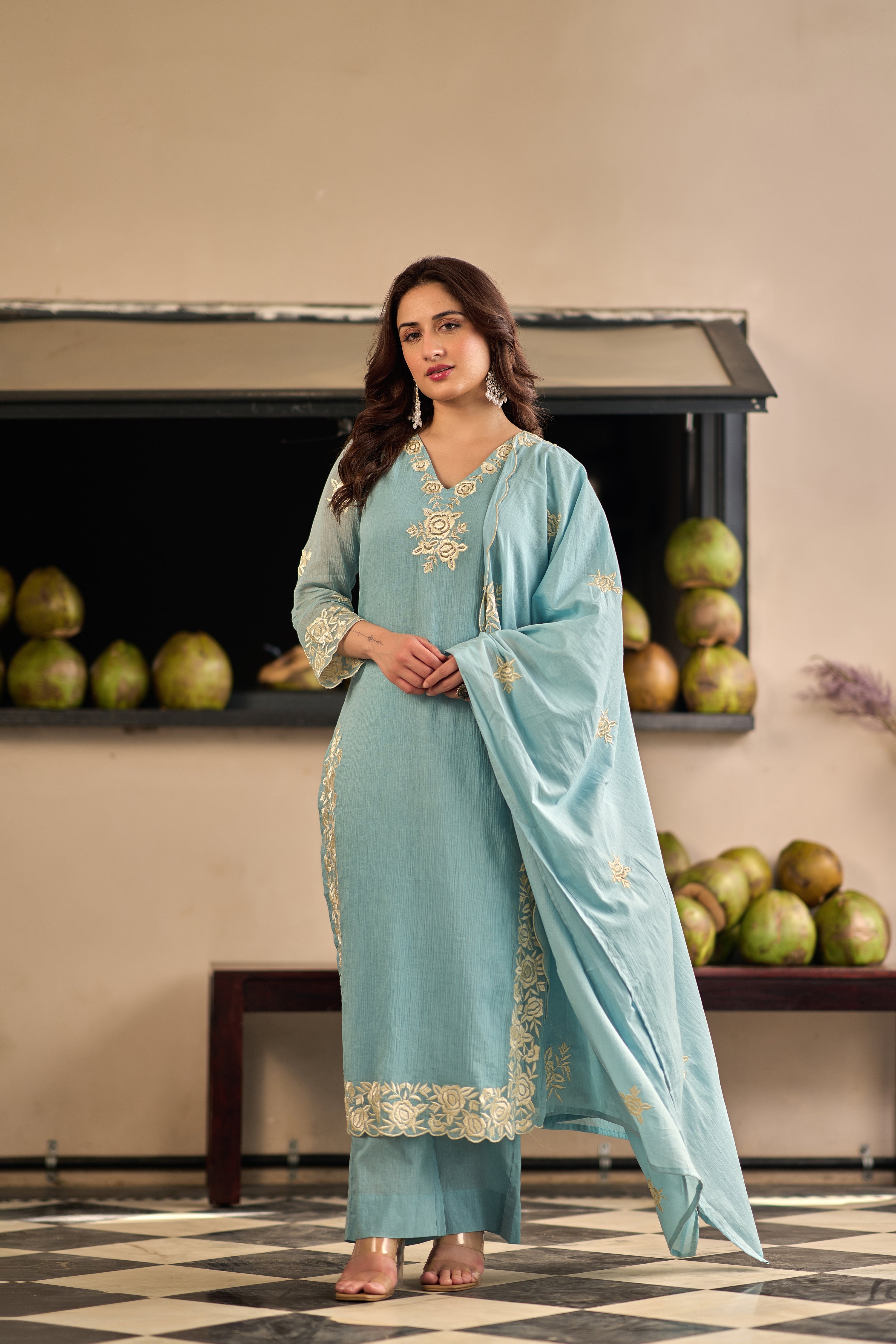 Sky Petal Elegance Sky Blue Embroidered Kurta Set with Dupatta