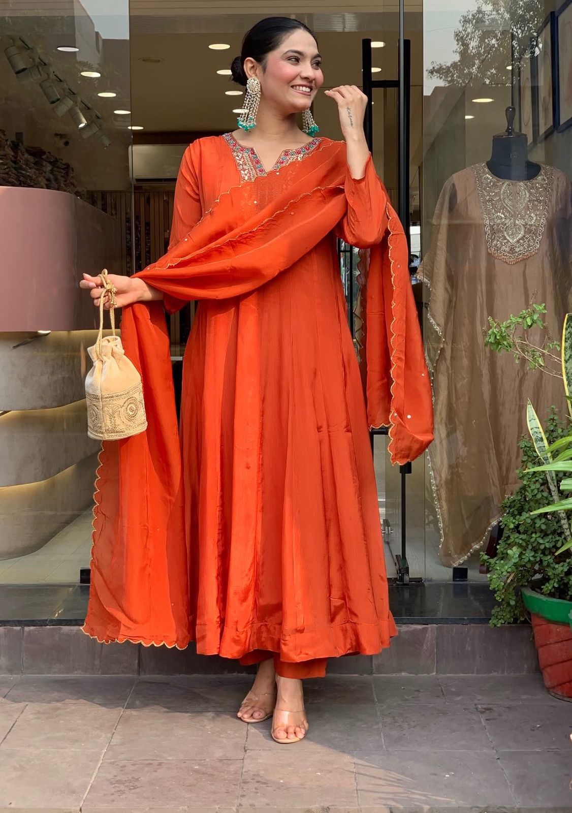 Orange Silk Blend Embroidered Festive Anarkali Suit Set