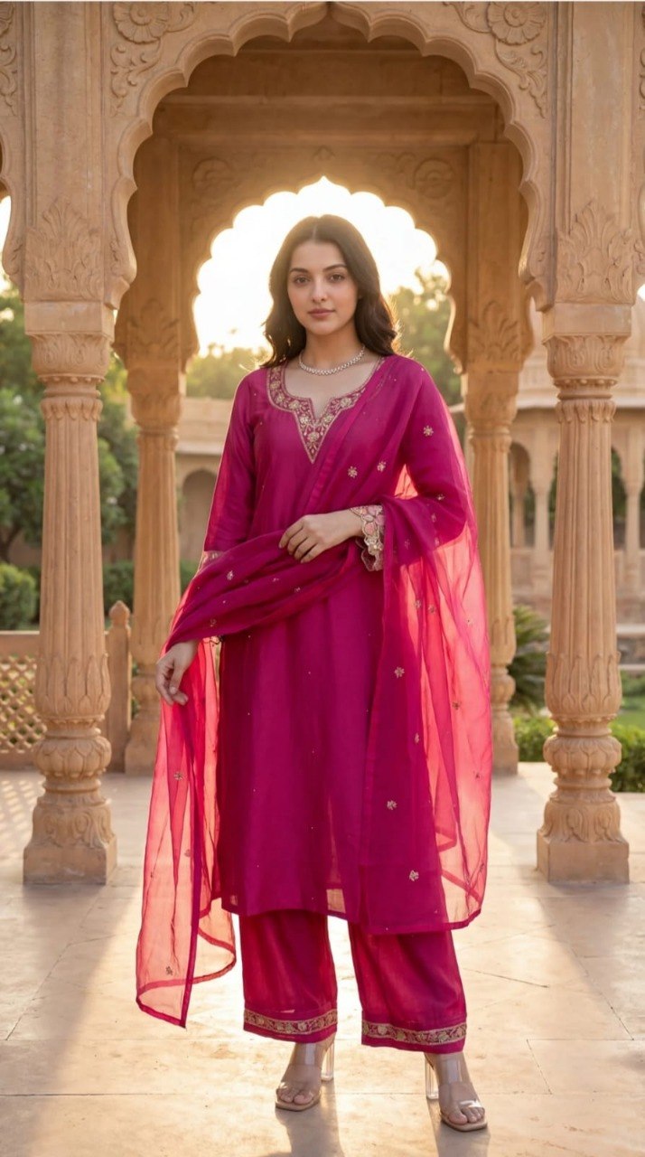 Fuchsia Pink Silk Blend Ethnic Motifs Embroidered Festive Suit Set (Set of 3)