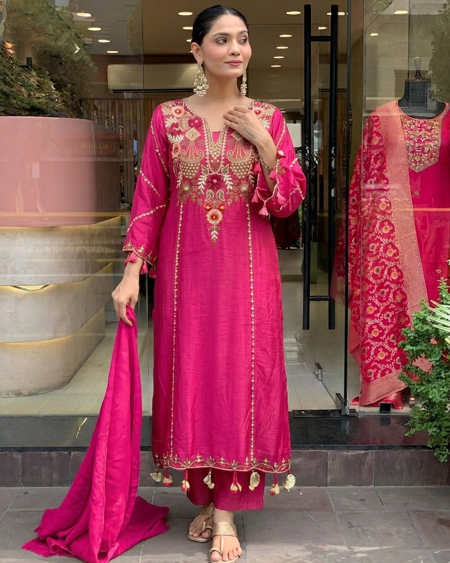 Rani Pink Chanderi Silk Embroidered Kurta Pant Set with Dupatta