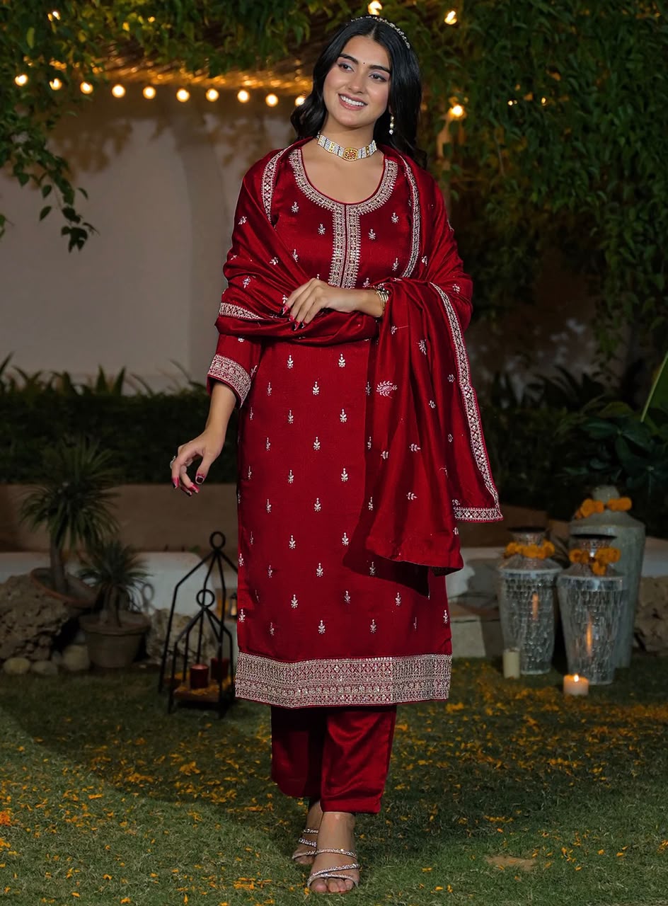 Elegant Maroon Silk Embroidered Kurta Set with Dupatta