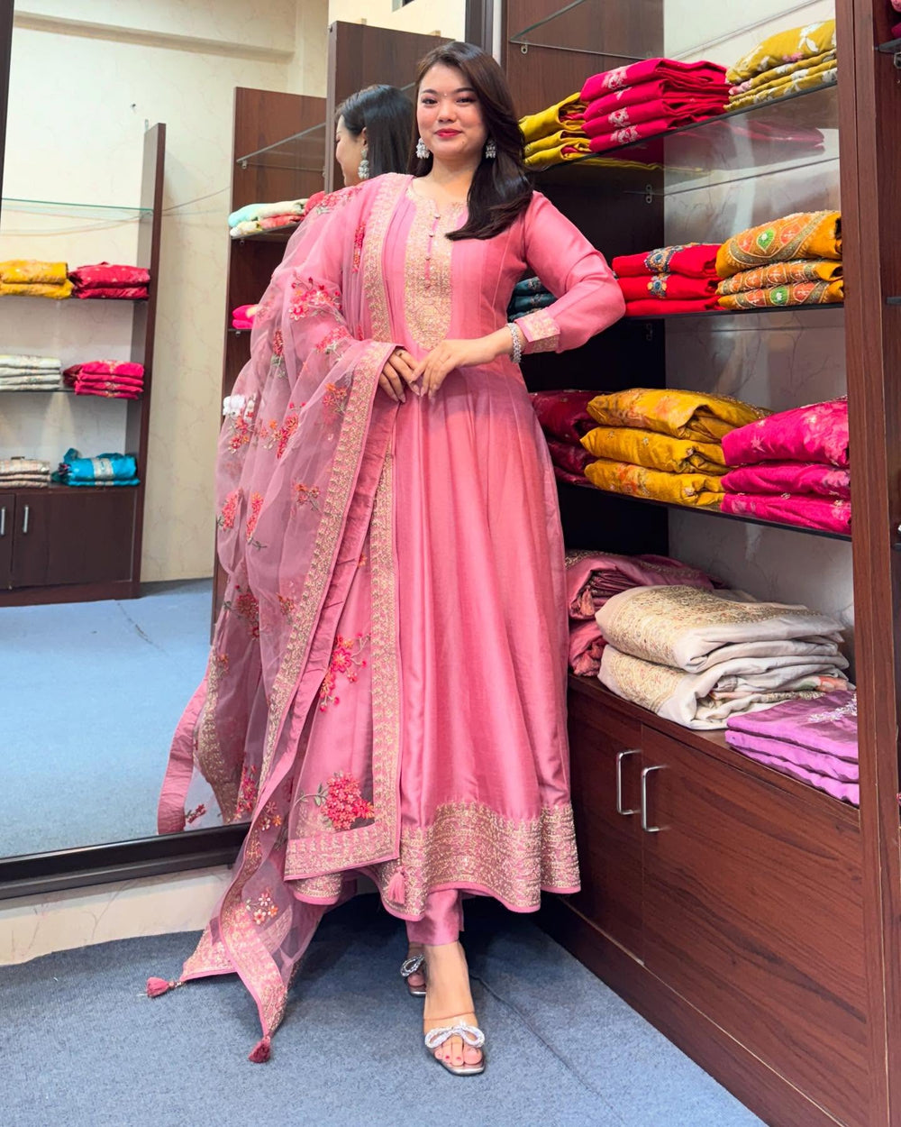 Pink Embroidered Anarkali Suit Set with Floral Net Dupatta