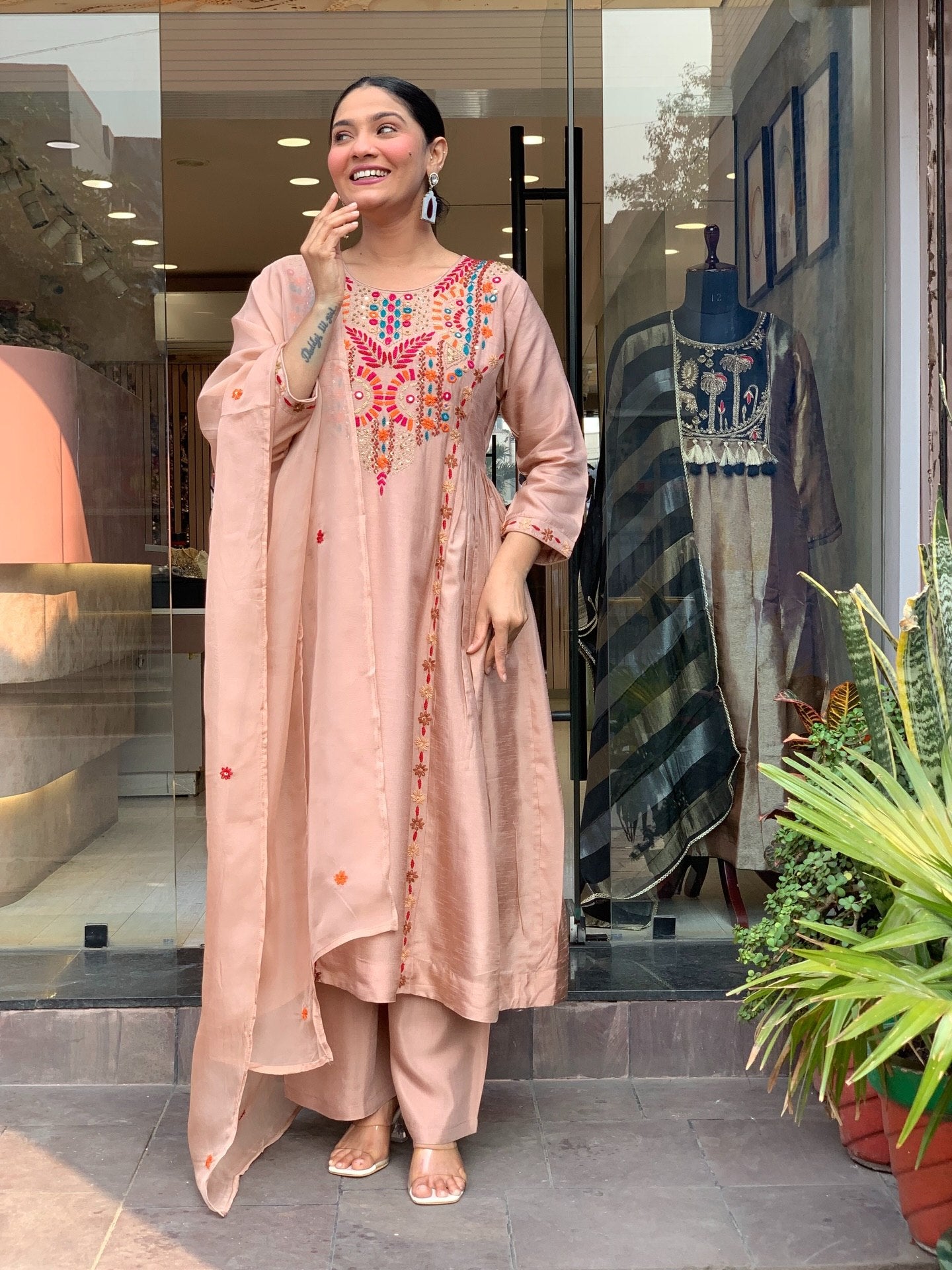 Elegant Peach Embroidered Anarkali Kurta Pant Set with Dupatta