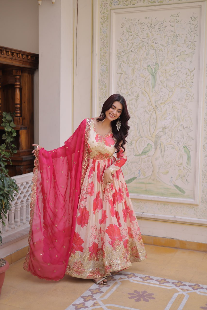 White With Pink Embroidery Zari Sequins Work Digital Printed Russian Silk Gown With Dupatta