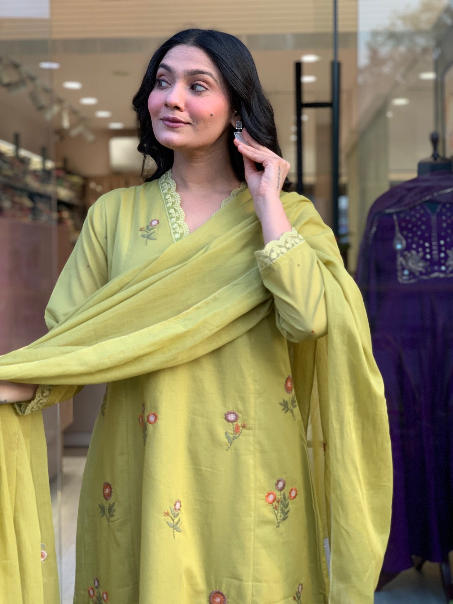 Pista Floral Embroidered Chanderi Kurta Set with Dupatta