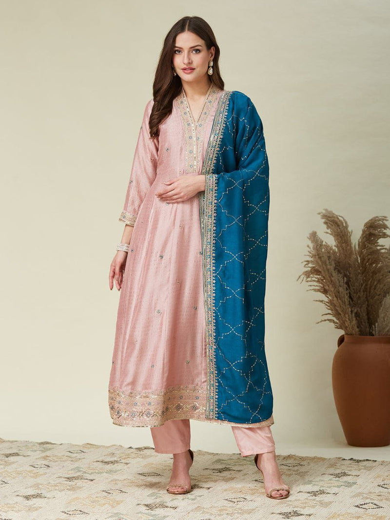 Blush Pink Embroidered Anarkali Kurta Set with Teal Blue Dupatta