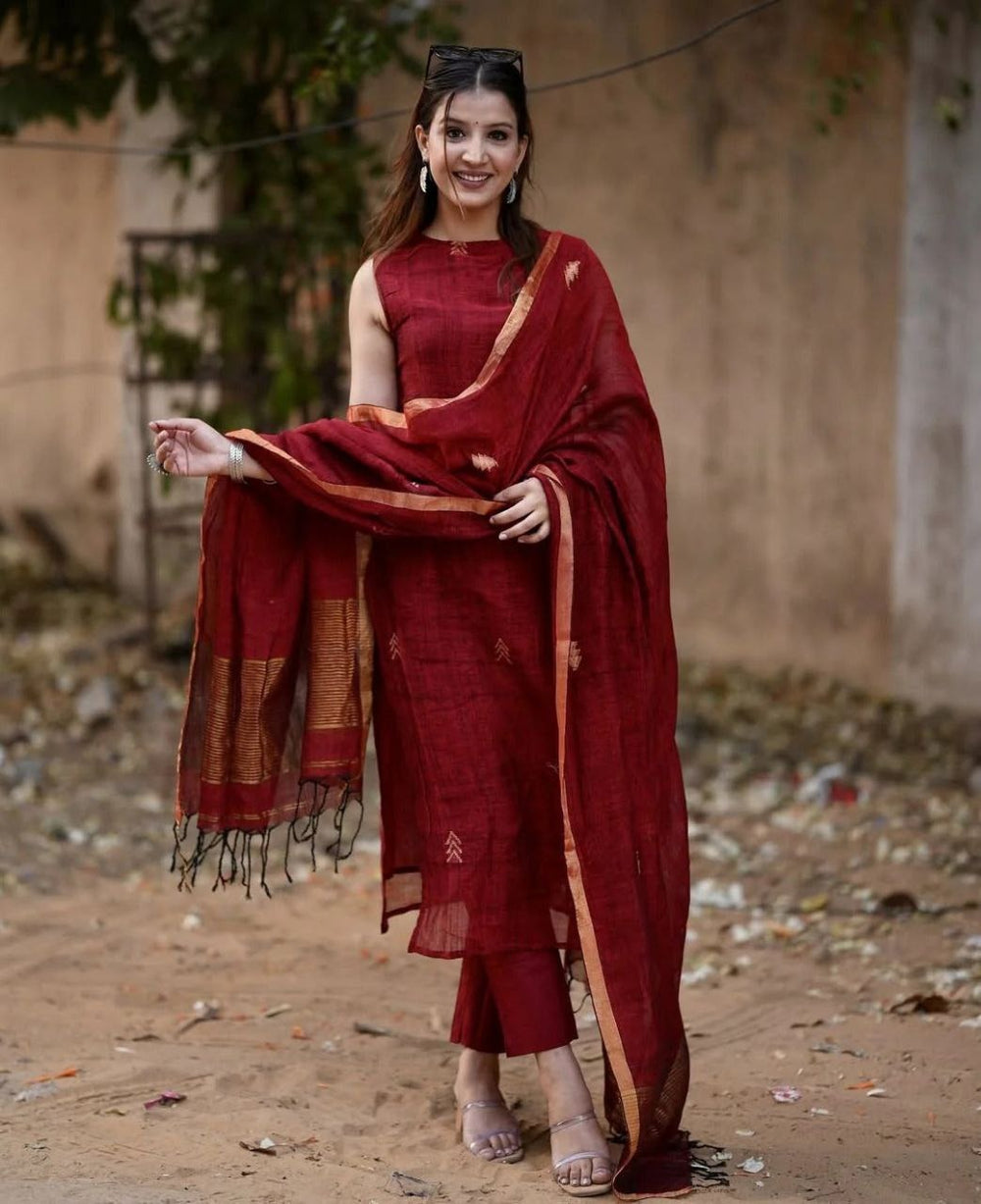 Solid Maroon Sleeveless Kurta Set with Handwoven Dupatta