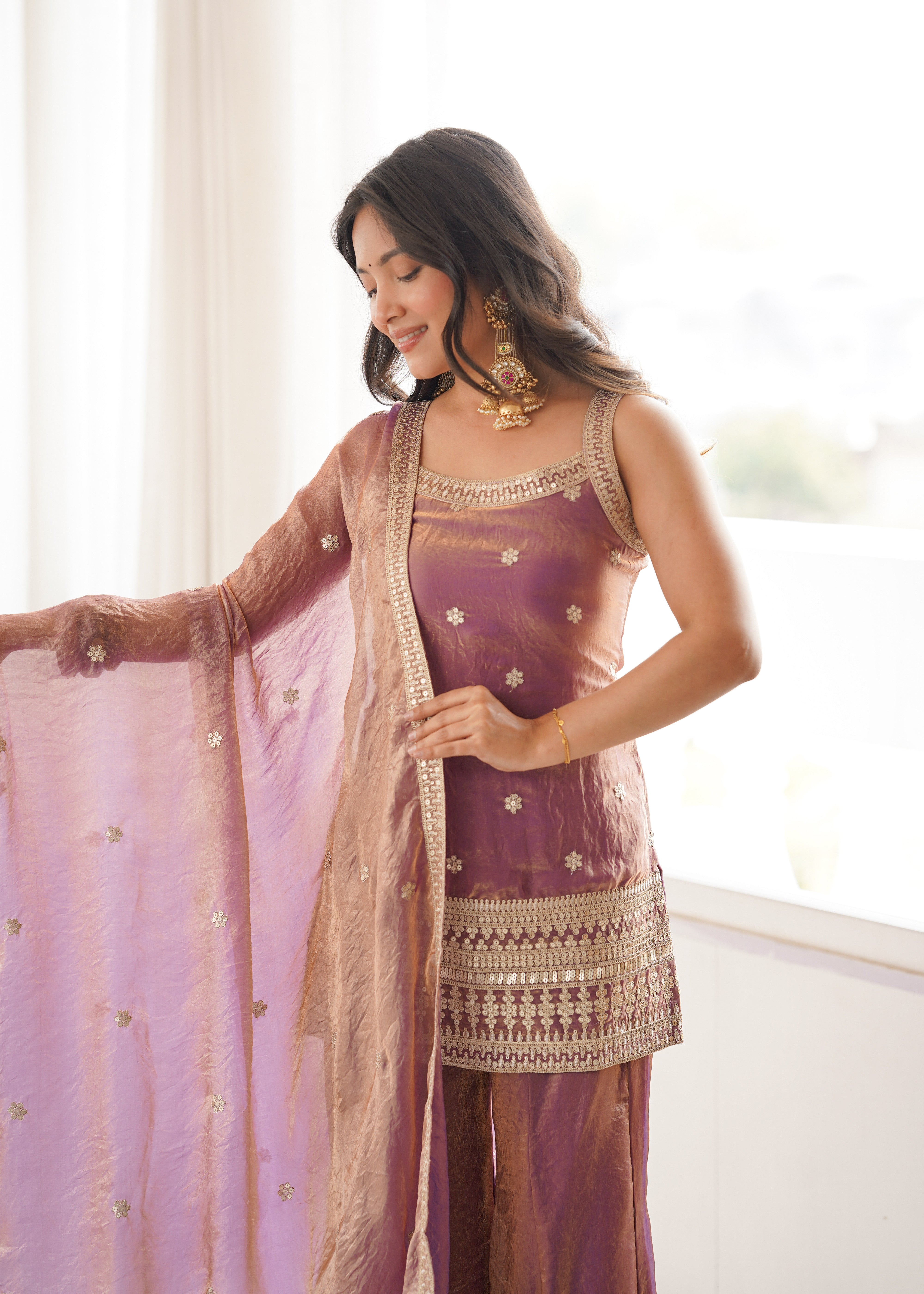 Royal Mauve Silk Embroidered Sharara Suit with Fancy Lace Border