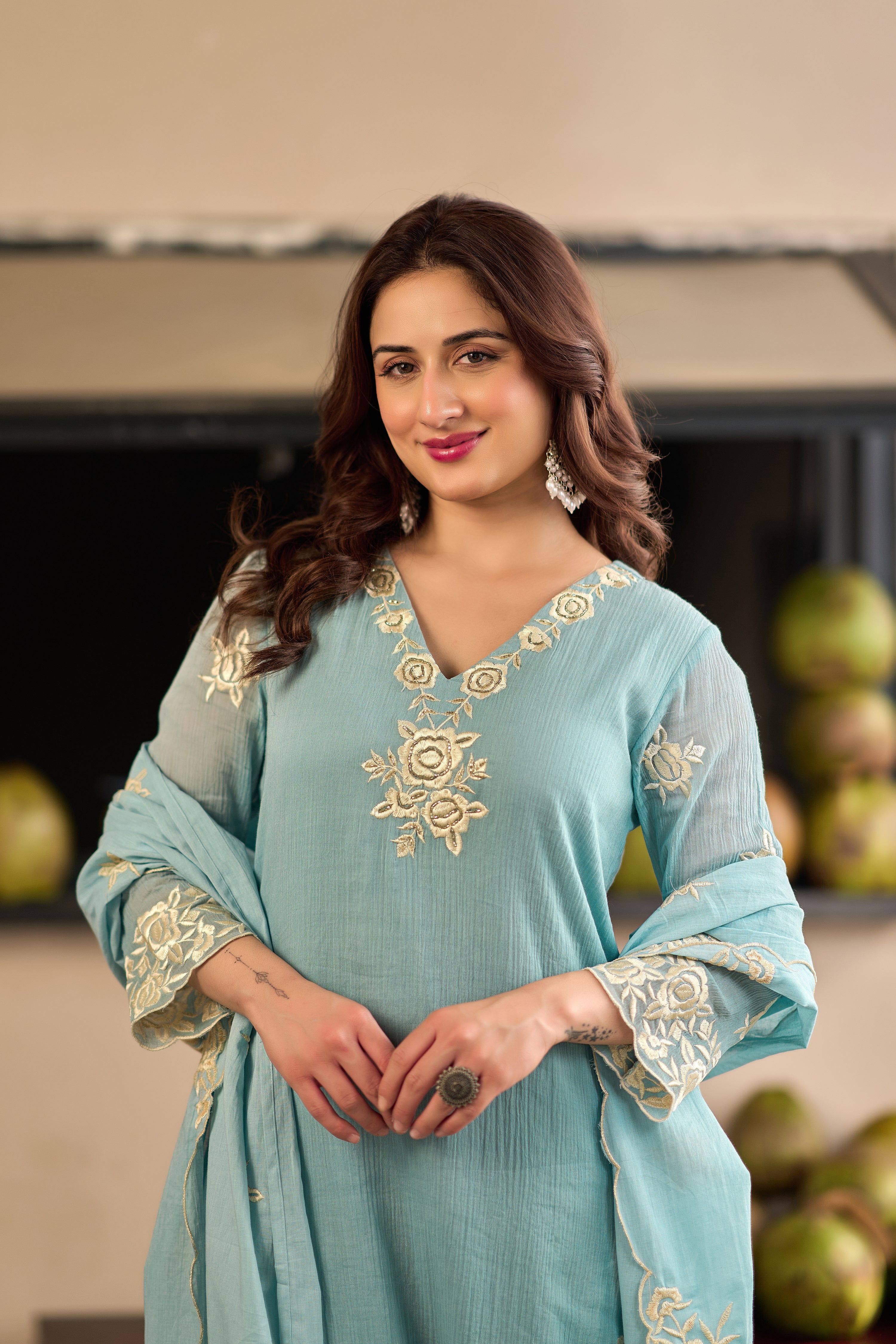 Sky Petal Elegance Sky Blue Embroidered Kurta Set with Dupatta