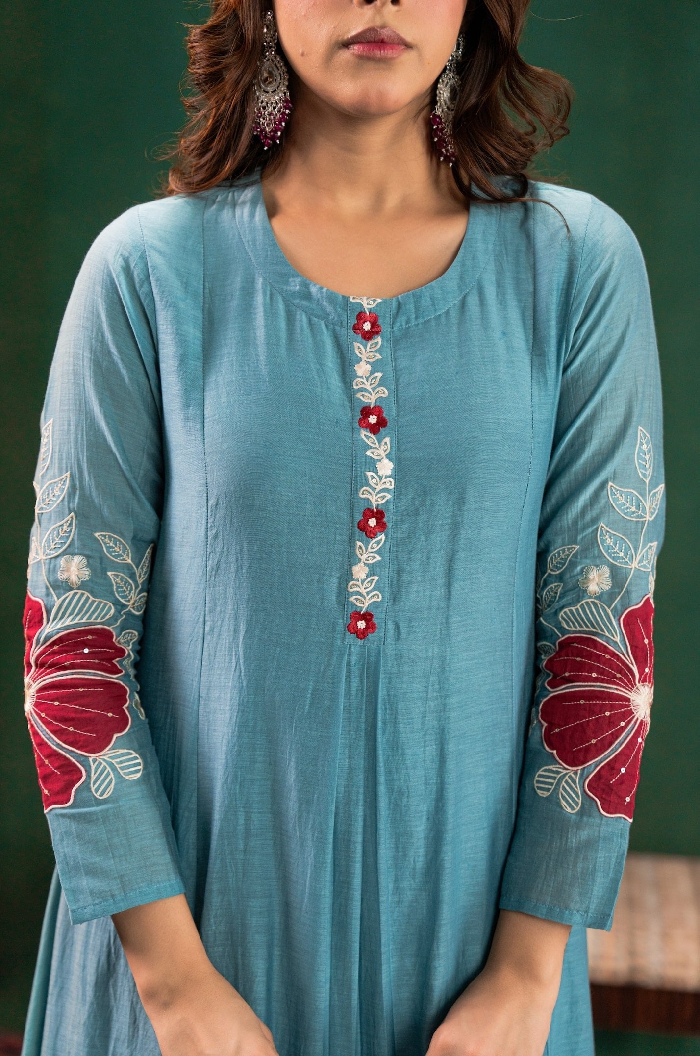 Sky Blue Cotton Silk Floral Thread Work Flared Anarkali Suit with Pants & Dupatta