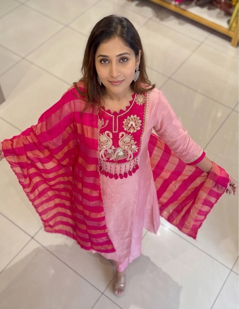 Elegant Pink Chanderi Silk Suit Set with Intricate Peacock Embroidery