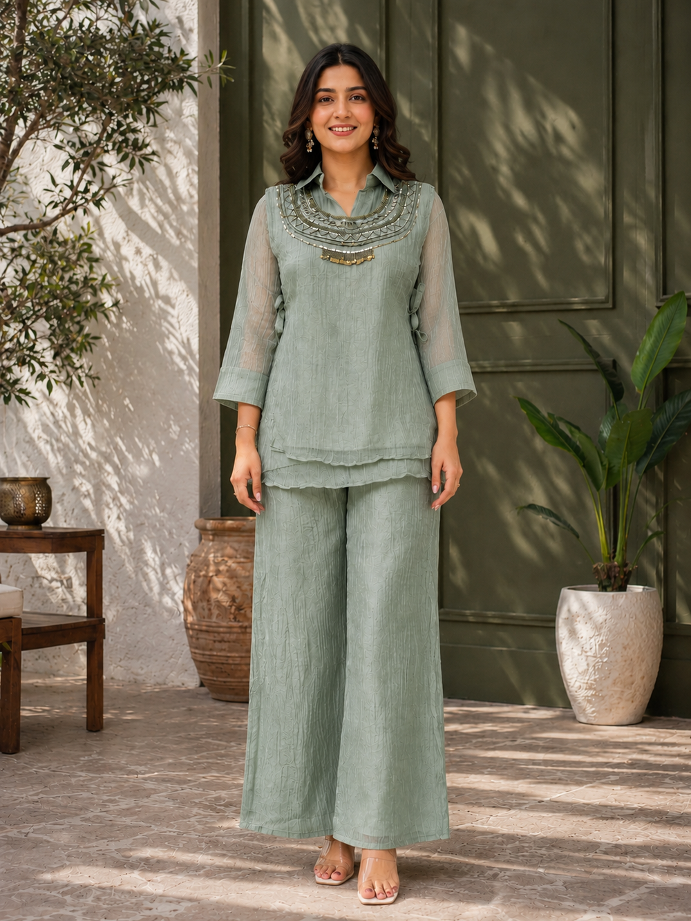Women's Sage Green Embroidered Co-Ord Set with Wide-Leg Pants