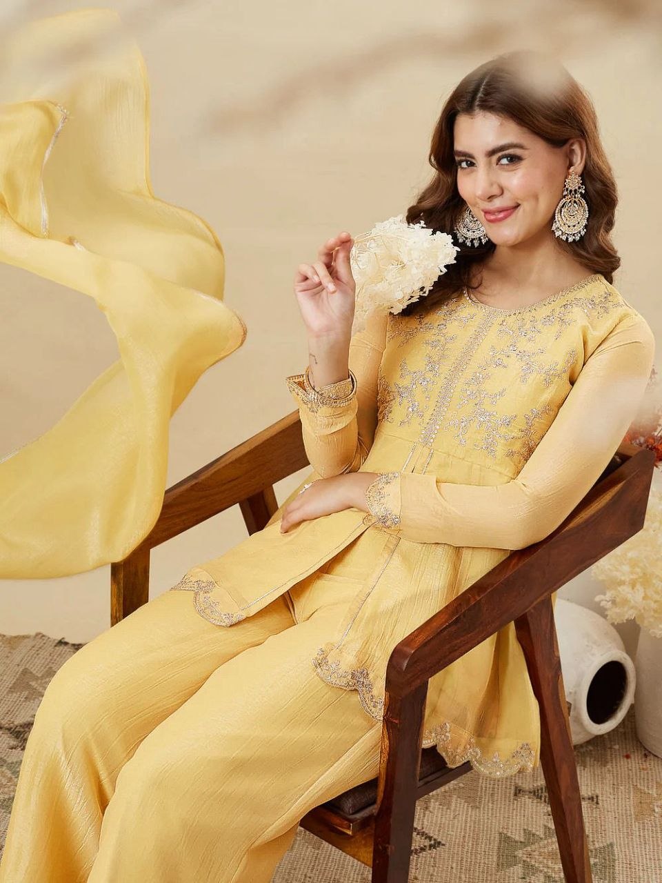 Mustard Yellow Embroidered Kurta Palazzo Set with Dupatta