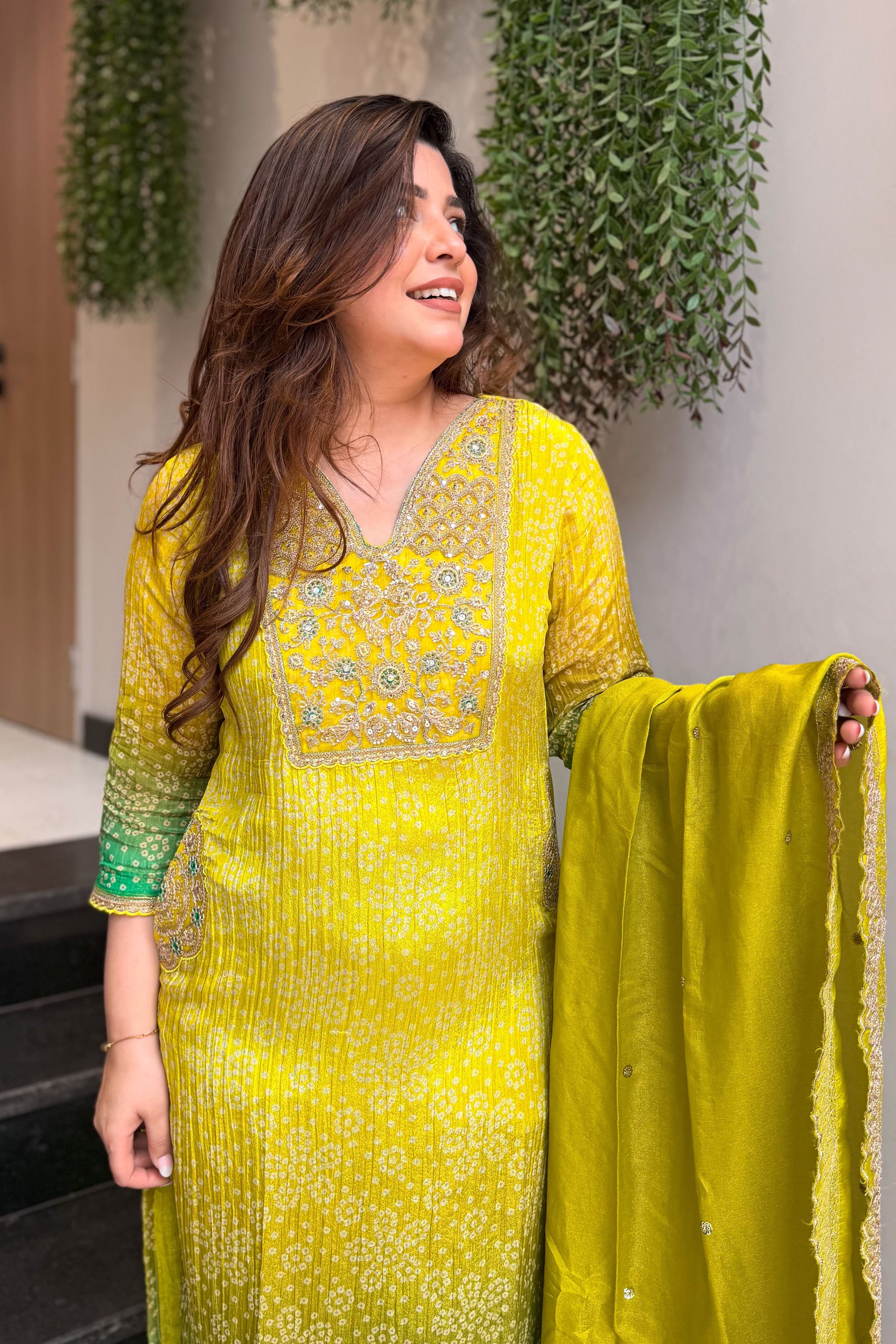 Lime Green Bandhani Print Premium Silk Suit Set