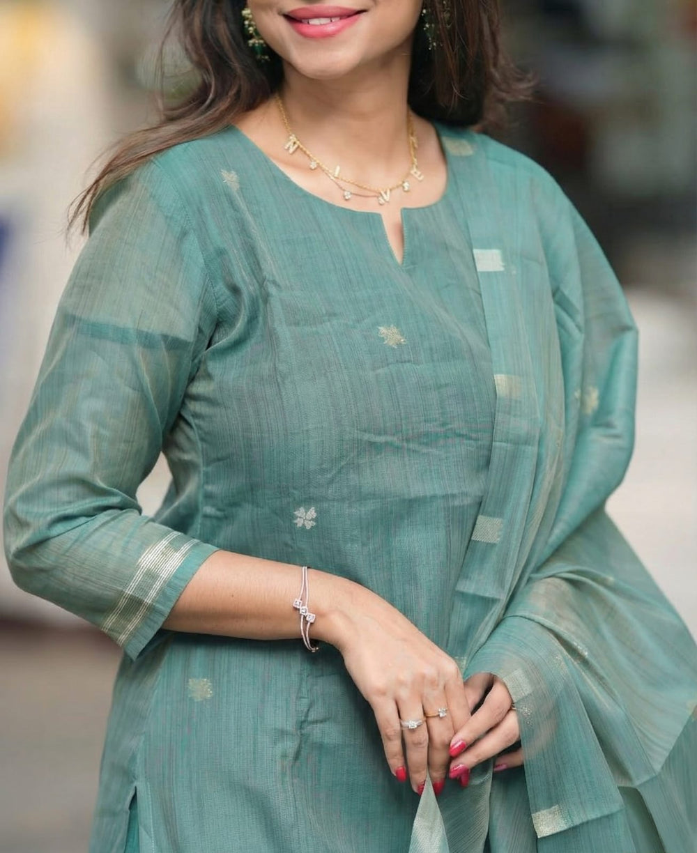 Women's Elegant Sage Green Woven Floral Silk Kurta Pant Set with Dupatta