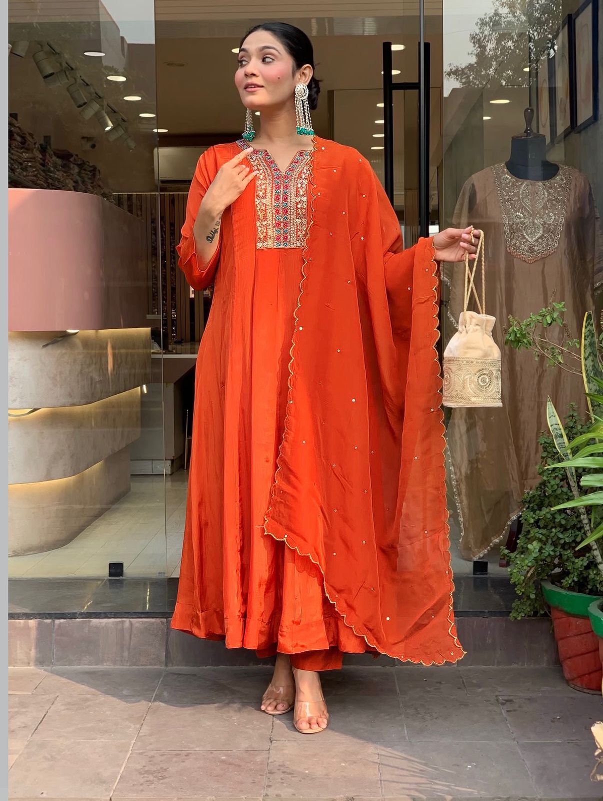 Orange Silk Blend Embroidered Festive Anarkali Suit Set